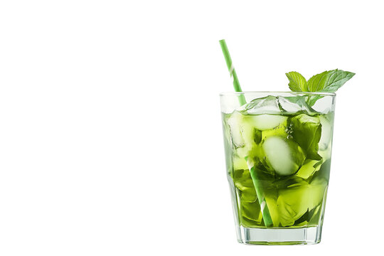 Tropical iced green tea with straw isolated on transparent background