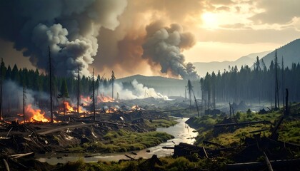 A devastating wildfire consumes a forest, sending thick smoke billowing into the sky. The landscape is scarred with fire and destruction