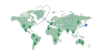 Obraz premium World map with pins and airplane route, isolated on white background world tourism day background