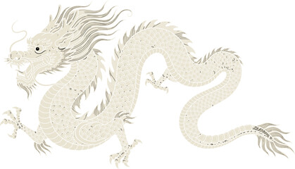 Traditional Chinese dragon illustration, beige serpentine design with flowing whiskers and claws, elegant cultural artwork, fantasy creature vector, muted color palette