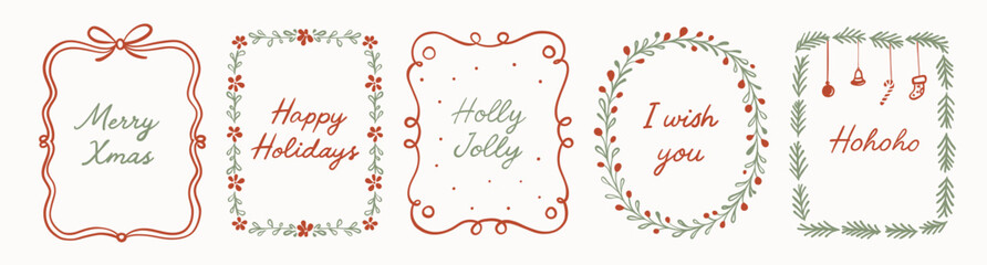 Vintage Christmas frames and borders with holiday quotes, holiday wreaths, bows, mistletoe and garlands, minimalist hand drawn line art for festive poster, card, invitation or seasonal decoration