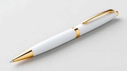 Naklejka premium White pen gold trim ballpoint luxury metal clip sleek glossy minimal elegant write clean studio mockup photo with white seamless background, stylish desk accessory, professional stationery