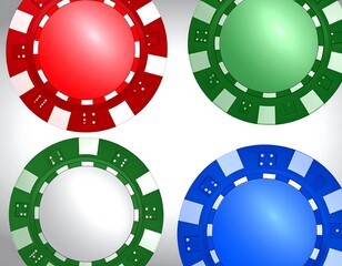Four poker chips in red, green, blue, and white