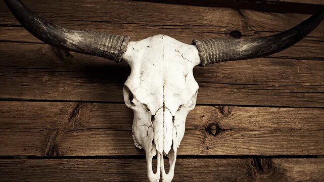 Bull skull mounted on rustic wooden wall, showcasing intricate textures and details in a continuous motion sequence of the scene's evolution