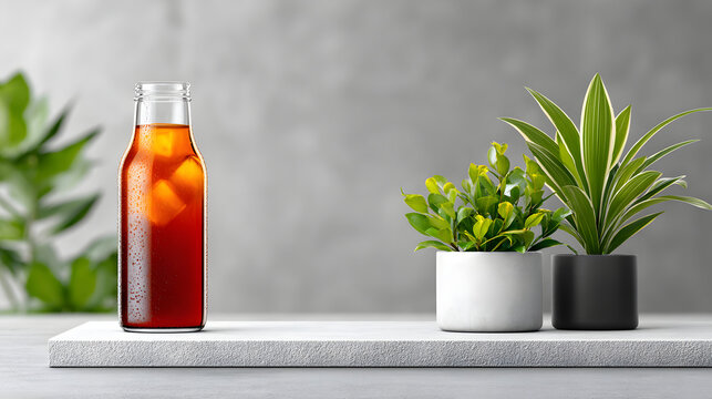 Iced coffee glass bottle cold brew minimal modern studio mockup beverage brown condensation ice cube plant succulent houseplant potted ceramic white black shelf concrete clean fresh refreshment - Powered by Adobe