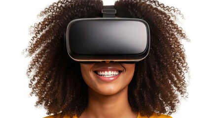 Woman with Curly Hair Wearing VR Headset and Smiling Keywords: virtual reality, VR headset