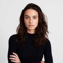 Woman with long dark hair and crossed arms Keywords: woman, female, portrait, dark hair, brown