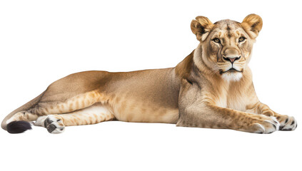 Obraz premium A serene lioness lying gracefully on a white background. her majestic features and relaxed posture. ideal for nature and wildlife-themed projects