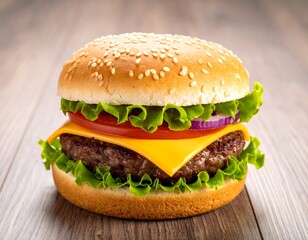 Close-up of a juicy cheeseburger on a wooden table