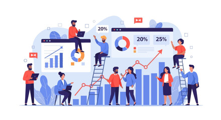 Diverse team collaborates on dynamic business growth strategy analyzing charts and data for success