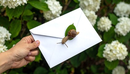 A hand gently holds a white envelope with a small snail crawling on top of a single green leaf, surrounded by white flowers