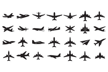 Fototapeta premium Collection of airplane silhouettes in various models and poses, isolated on transparent background world tourism day design