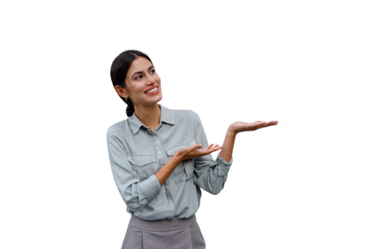 Woman presenting a concept, smiling and gesturing with hands, visualizing information on transparent background