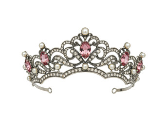 Elegant silver tiara with pink gemstones and pearls isolated, vintage crown for wedding or royal occasion on transparent background