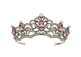 Elegant silver tiara with pink gemstones and pearls isolated, vintage crown for wedding or royal occasion on transparent background