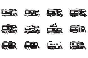 Collection of diverse camper van and trailer icons, isolated on transparent background, showcasing various recreational vehicle designs for travel and adventure world tourism day design