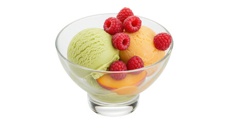 Delicious ice cream sundae with raspberries and peach isolated, refreshing dessert in a glass bowl for summer treat and sweet indulgence