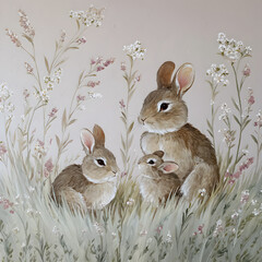 A painting shows three rabbits, presumably a mother and her babies. They sit in tall grass with delicate flowers around them in a soft and whimsical style