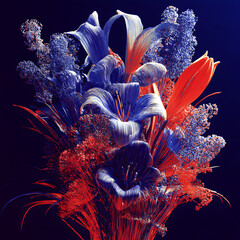 A striking bouquet features lilies and filler flowers, illuminated by vivid red and blue colors. The composition stands out against a deep, dark background