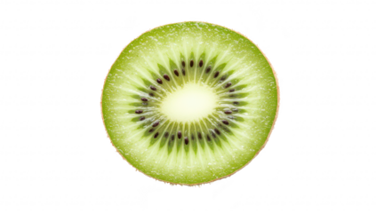 A close-up view of a freshly cut kiwi fruit its green flesh and tiny black seeds. set against a clean white background. ideal for culinary or health-related content