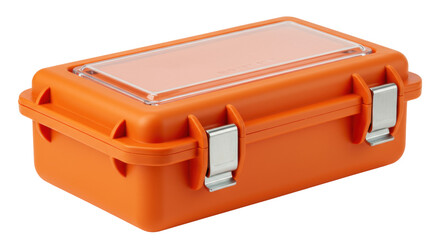 Orange waterproof case isolated on white, protective container for electronics and valuables, durable storage solution