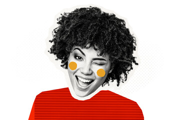 Composite photo collage of happy playful american girl wink make beauty salon therapy haircare perming blush isolated on painted background