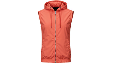 Coral hooded vest isolated on transparent background, sleeveless jacket for outdoor activities and...