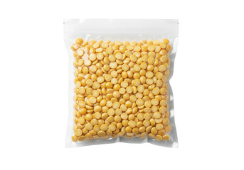 Yellow split peas in a plastic bag isolated, dried legumes for cooking and healthy eating on a clean background