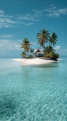 Fototapeta premium Tropical island paradise with clear turquoise water and palm trees under blue sky