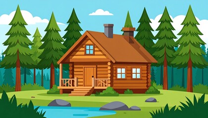 Cartoon log cabin in a forest by a river