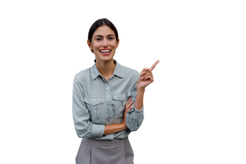Smiling businesswoman pointing finger, presenting concept, showing direction, making recommendation on transparent background