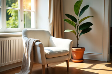 Creamy boucle armchair beside fiddle-leaf fig in sunlit minimalist Scandinavian living room