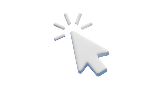 3D white computer mouse cursor arrow with click effect, isolated on a transparent background, symbolizing navigation, selection, and digital interaction.