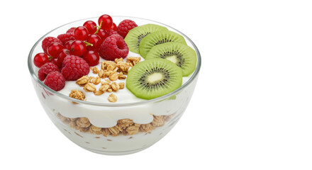 Delicious yogurt parfait with granola, raspberries, red currants, and kiwi isolated, healthy breakfast or dessert concept