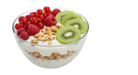 Delicious yogurt parfait with granola, raspberries, red currants, and kiwi isolated, healthy breakfast or dessert concept