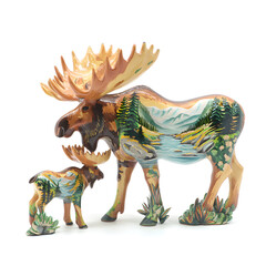 Two moose figurines, one large and one small, are painted with a detailed mountain landscape scene. The design includes trees, a flowing river, and snowy mountain peaks