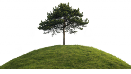 A solitary tree stands majestically atop a lush green hill. with a clear white sky in the background. symbolizing tranquility and natures beauty. ideal for use in environmental themes