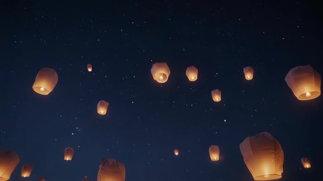 Numerous glowing paper sky lanterns ascend into dark night sky with shining stars