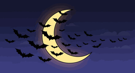 Spooky Halloween night with bats flying around a crescent moon, perfect for seasonal events and eerie themed designs, adds a festive touch