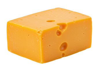 Block of cheddar cheese isolated, close-up of yellow dairy product with holes for cooking and food photography