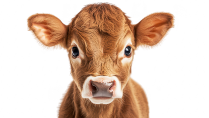 A close-up portrait of a young calf with big expressive eyes and soft fur. set against a plain white background. the innocence and charm of farm animals