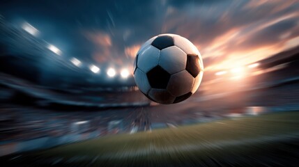 Fototapeta premium Football ball flying at high speed during a late afternoon match in a stadium, spotlights illuminating the field, motion blur emphasizing dynamic action and championship competition