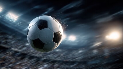 Fototapeta premium Soccer ball flying fast over a crowded stadium with bright spotlights during exciting night game, symbolizing competition, power, energy, and victory