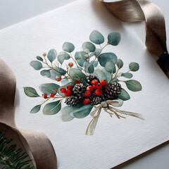Watercolor illustration features eucalyptus leaves, red berries, and pinecones. A ribbon is tied around the arrangement. The painting sits on a textured white surface