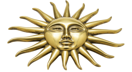Golden sun face isolated on transparent background, celestial body with rays for astrology and spiritual design element