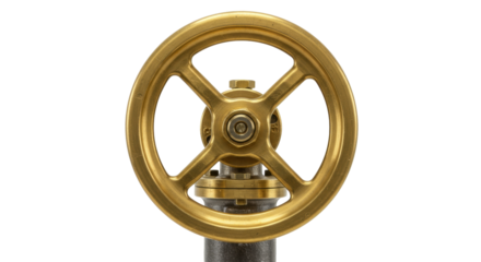 Golden valve wheel isolated on transparent background, industrial control equipment for plumbing and engineering applications