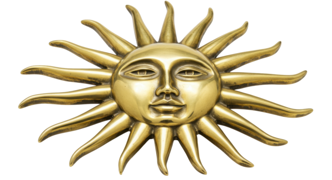 Golden sun face isolated on transparent background, celestial body with rays for astrology and spiritual design element