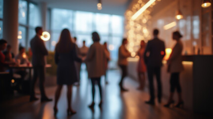 A blurry image of a corporate environment where people interact and network. The atmosphere is lively and active, with an emphasis on the overall look rather than specific individuals