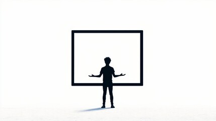 A person stands in front of a large empty frame, symbolizing potential and creativity in an open space.