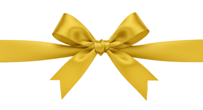 Golden yellow ribbon bow isolated on transparent background, festive decoration for gift wrapping and holiday celebrations